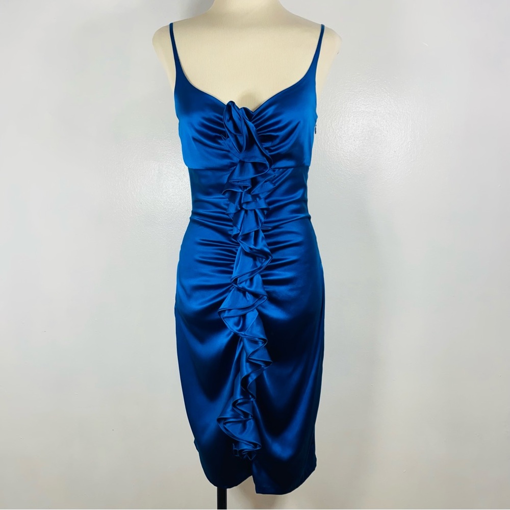 SUSANA MONACO Silk Satin Slip Dress sz 4 Ruched Ruffle Blue Evening Cocktail